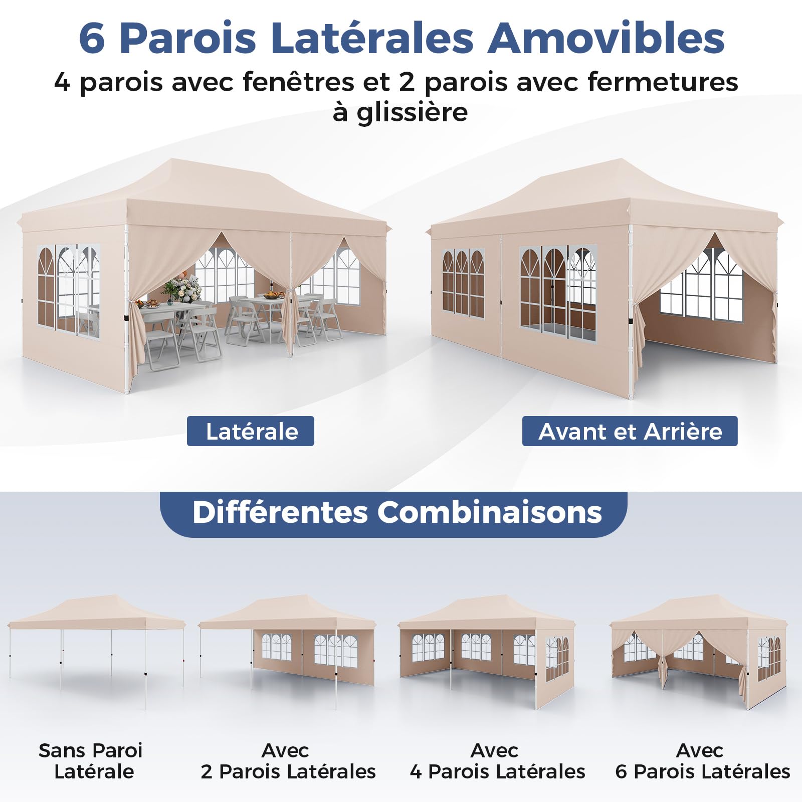 COSTWAY Tonnelle de Jardin 3x6M avec 6 Parois Latérales Amovibles, Tente de Reception Escamotable avec Sac de Transport 6 Sacs de Sable, Tonnelle Instantanée pour Fête Mariage BBQ (Beige)