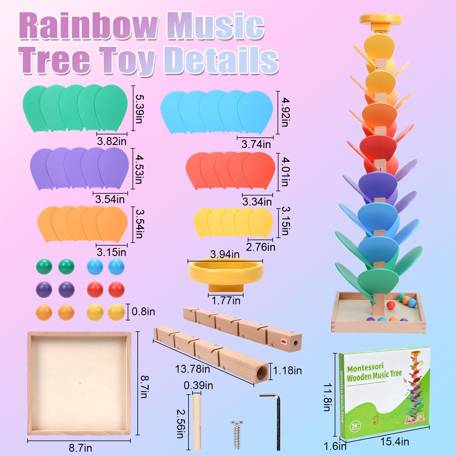 Wooden Rainbow Marble Run Tree, 30pcs Vertical Marble Run Construction Game,Creative Color Sorting Ball Drop Musical Toy,Montessori Learning Stem Gift for Kids Age 3,4,5,6,7,8+