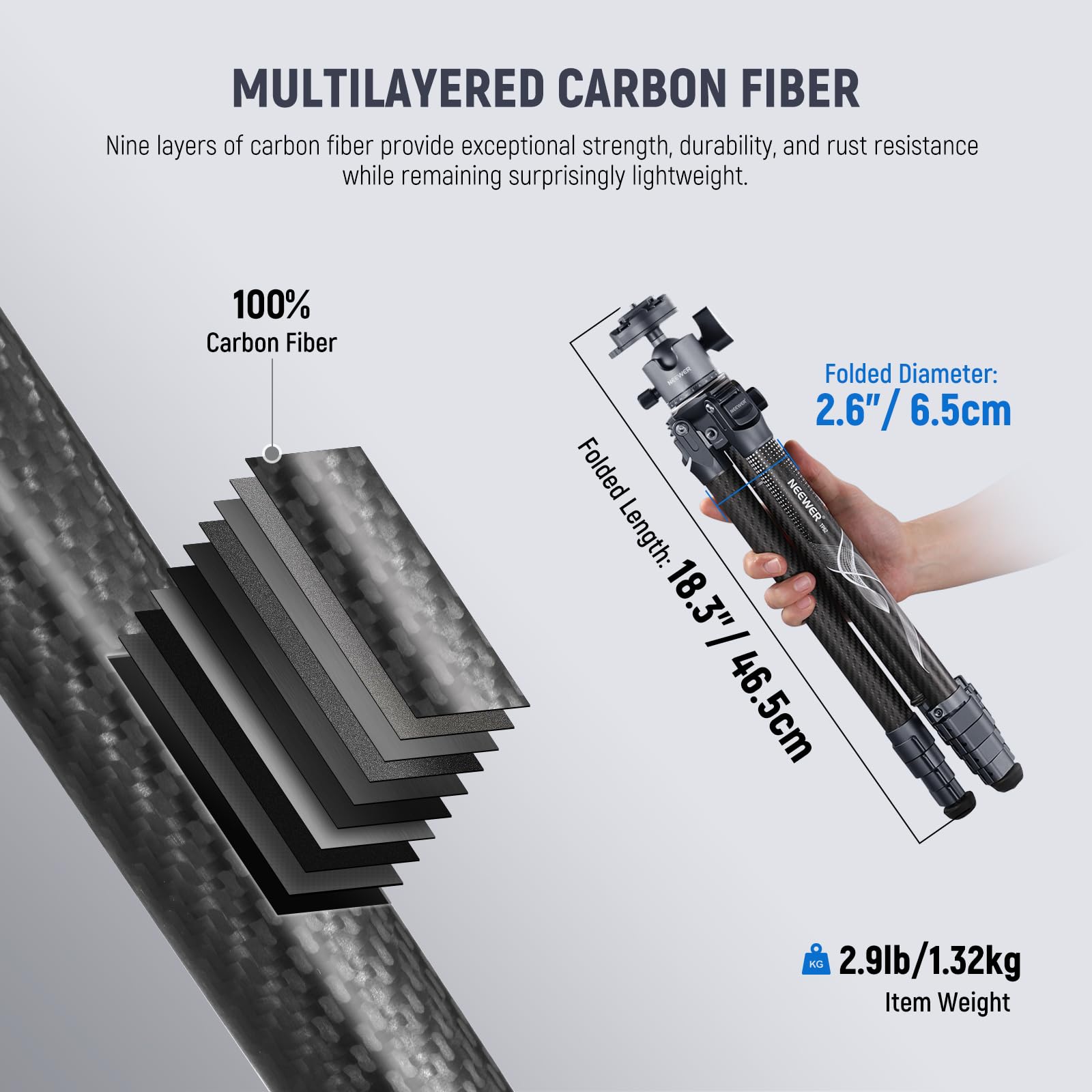 NEEWER LITETRIP 62" Trípode Viaje Cámara, Soporte Portátil Fibra Carbono con Nivelación ±15° Extraíble 360° Rótula Pan, Carga Máx 22lb/10kg, Placa Arca QR Compatible con Peak Design Capture V3, LT34