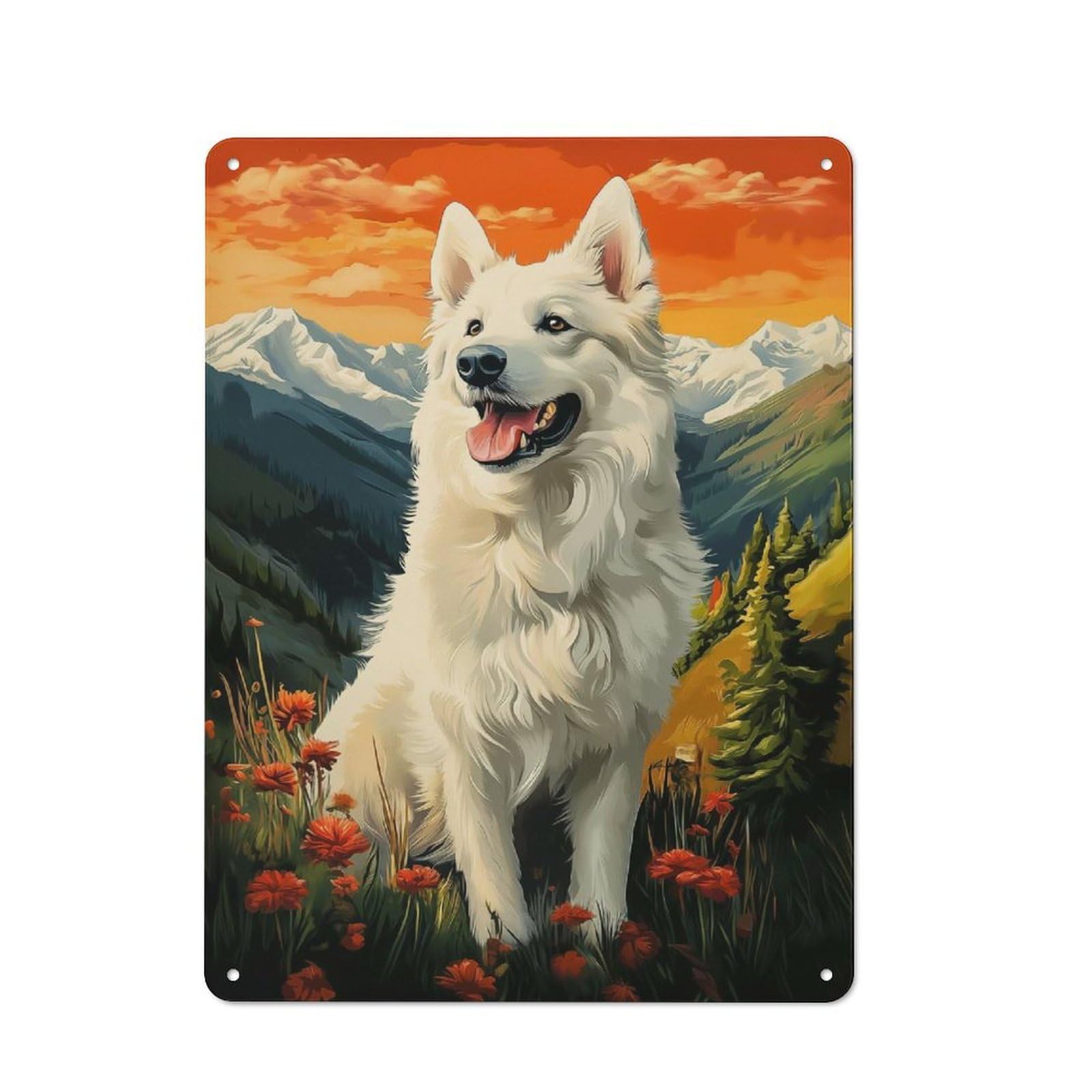 Junmoney Style-11 White Swiss Shepherd Dog In Mountain Landscape Vintage-Inspired Tin Sign 40X30cm For Pub Or Café, For Vintage Wall Decor Fans, For Home Office And Studio Walls