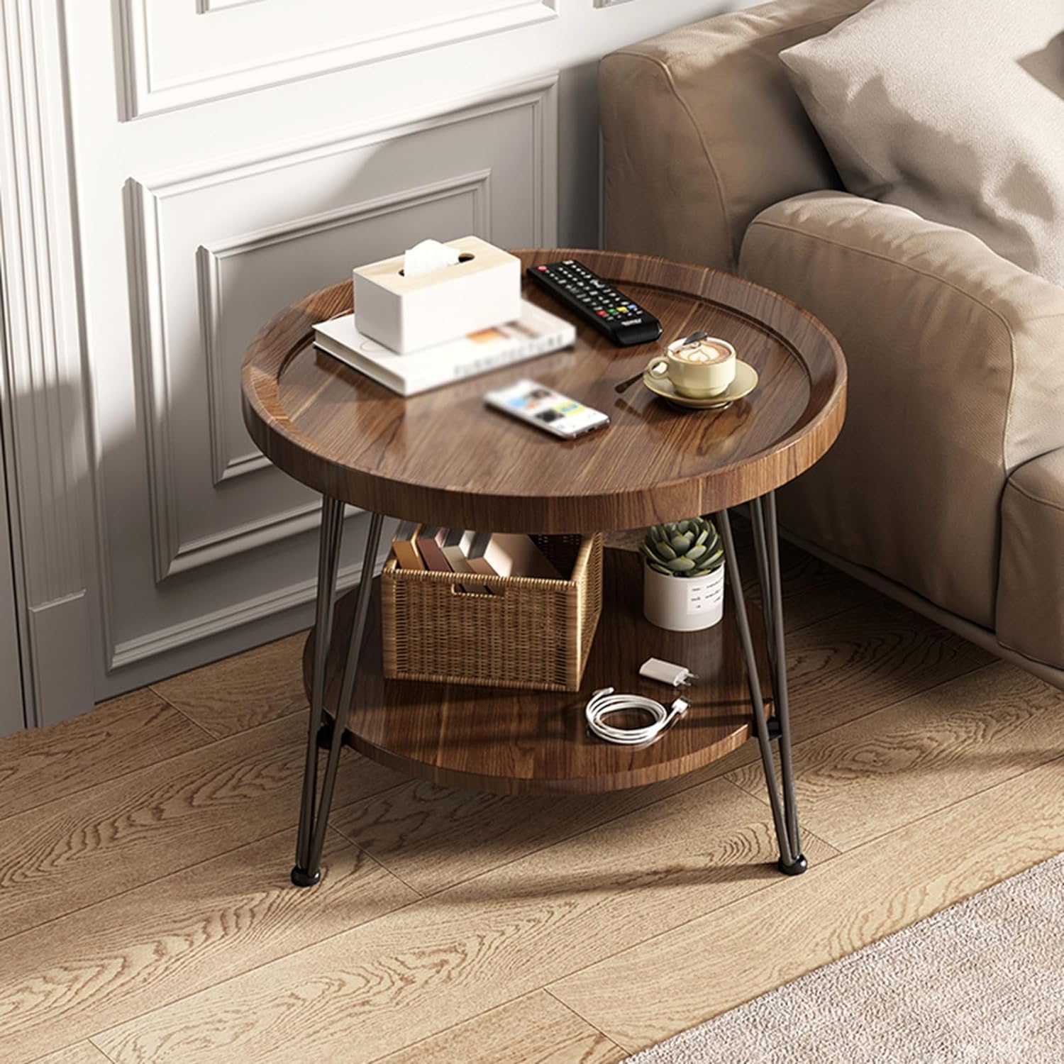 Aimery Office End Table 2 Tier Simple Coffee Table, Round End Table with Shelf and Metal Legs, Sofa Side Table for Flower Shop Balcony Bedroom (Size : 60 * 60CM)