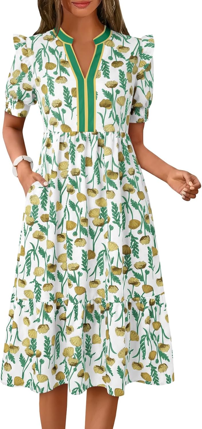 Wenrine Womens Summer Midi Dress Casual Floral Puff Short Sleeve V Neck Swing Flowy Boho Beach Dresses with Pockets