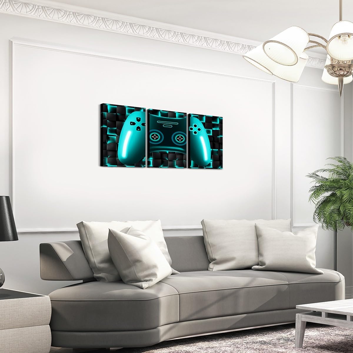 Erosebridal 3 Pcs Boys Gaming Room Wall Decor Gamer Wall Art For Kids Teen Boys Game Bedroom,Neon Teal Glowing Geometric Grid Pictures Poster Prints,Black Abstract Check Square Wall Paintings 12"X16"