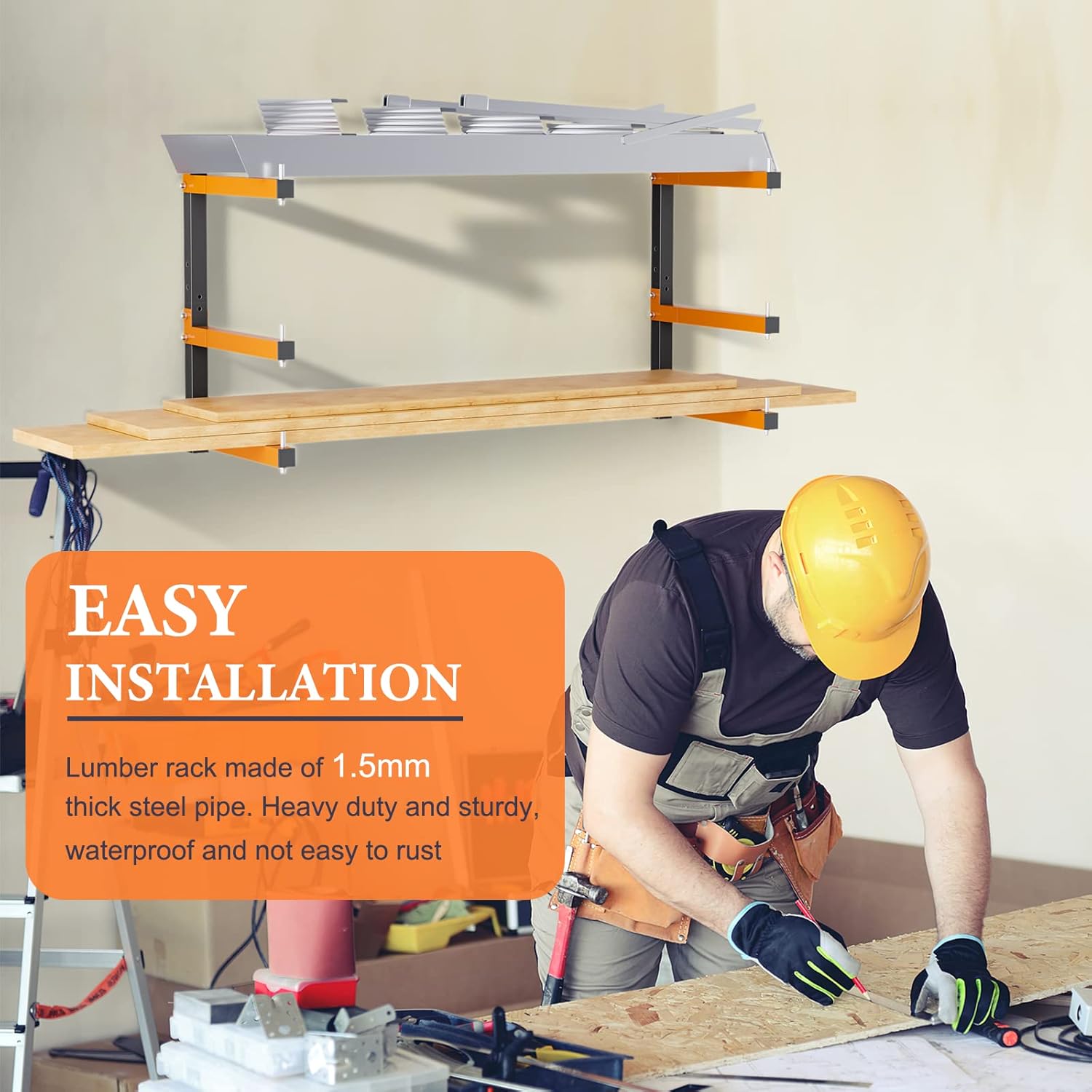 Lumber Rack Heavy Duty Wood Racks Wall Mount Folding Lumber Storage Racks with 3-Level Holds Up 360 LBS Sturdy Folding Garage Wood Organizer Orange Shelving Metal Shelf for Indoor & Outdoor- 2 Pack - Image 7