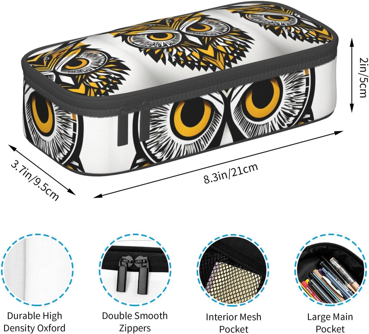 Cute Owl Pattern Print Large Capacity Layered Pencil Pouch, Zipper Storage Bag with Mesh Pocket & Pen Slots image 5
