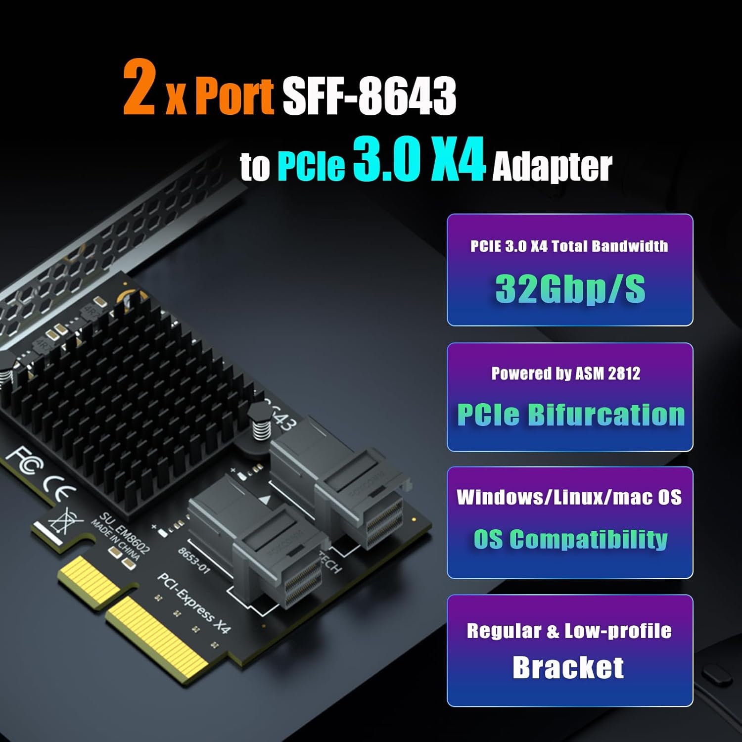 GLOTRENDS SF22 2-Port SFF-8643(Mini-SAS HD) to PCIE 3.0 X4 Adapter Card with PCIe Bifurcation Function, Regular and Low-profible Bracket