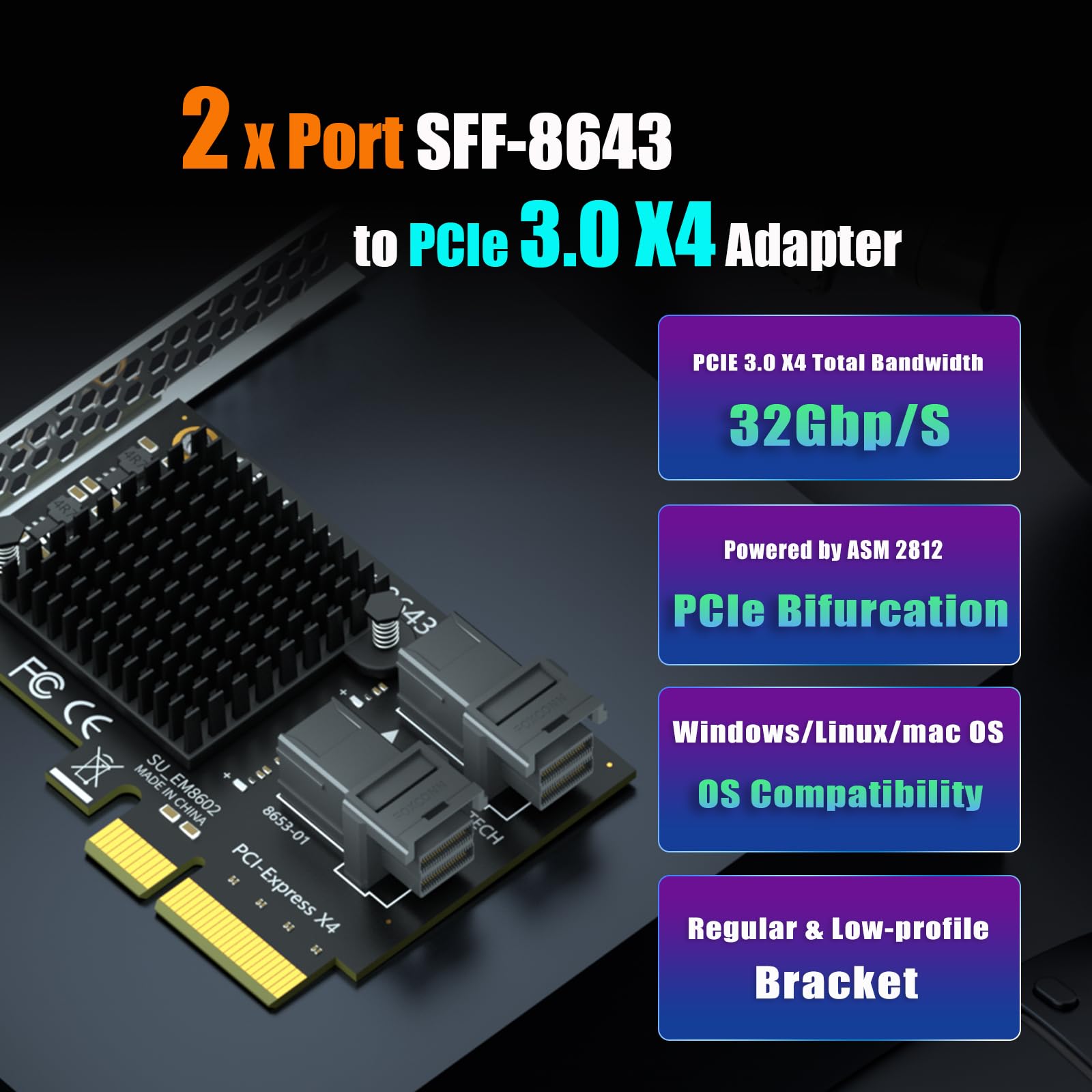 GLOTRENDS SF22 Tarjeta Adaptadora SFF-8643(Mini-SAS HD) de 2 Puertos a PCIE 3.0 X4, con Función PCIe Bifurcación, Soporte Estándar y Bajo Perfil