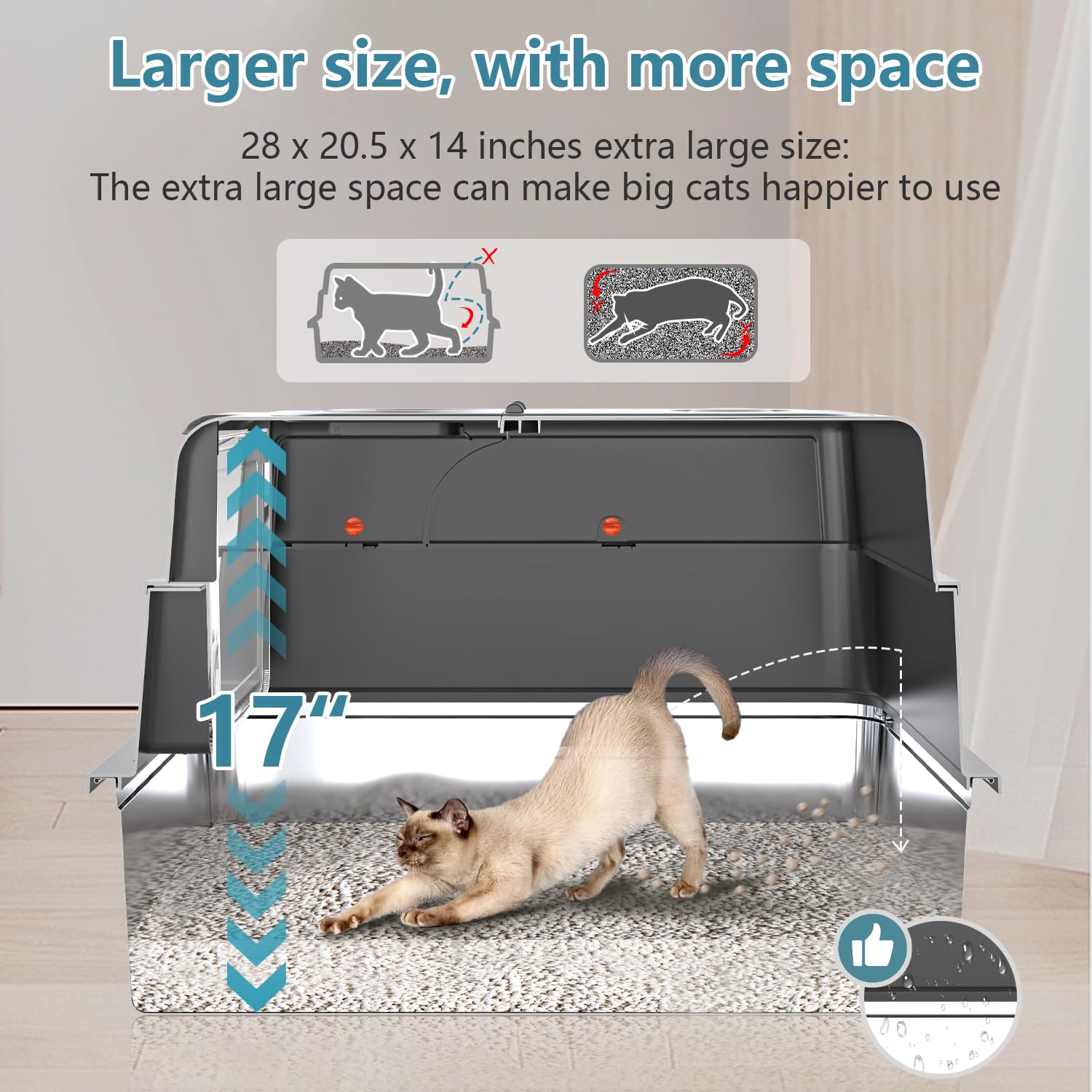 XXXL Extra Large Stainless Steel Litter Box with Lid, 28" L x 20.5" W x 17" H Covered Stainless Steel Litter Box, Multiple Natural Activated Carbon Filter Bags, Non-Sticky, Anti-Leakage, Easy to Clean - image 3