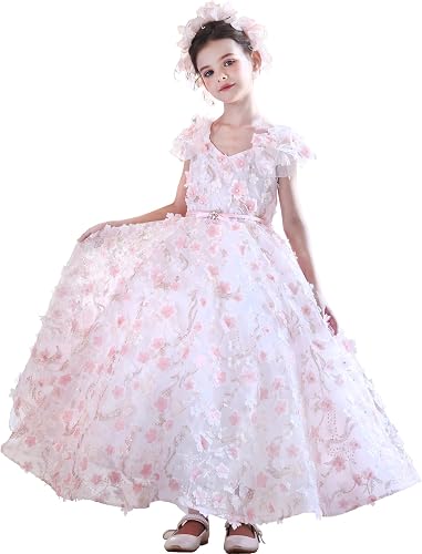 Handmade Girls Princess Dress, Pink Floral Gown, 3D Flower Dress Floral Ruffles 