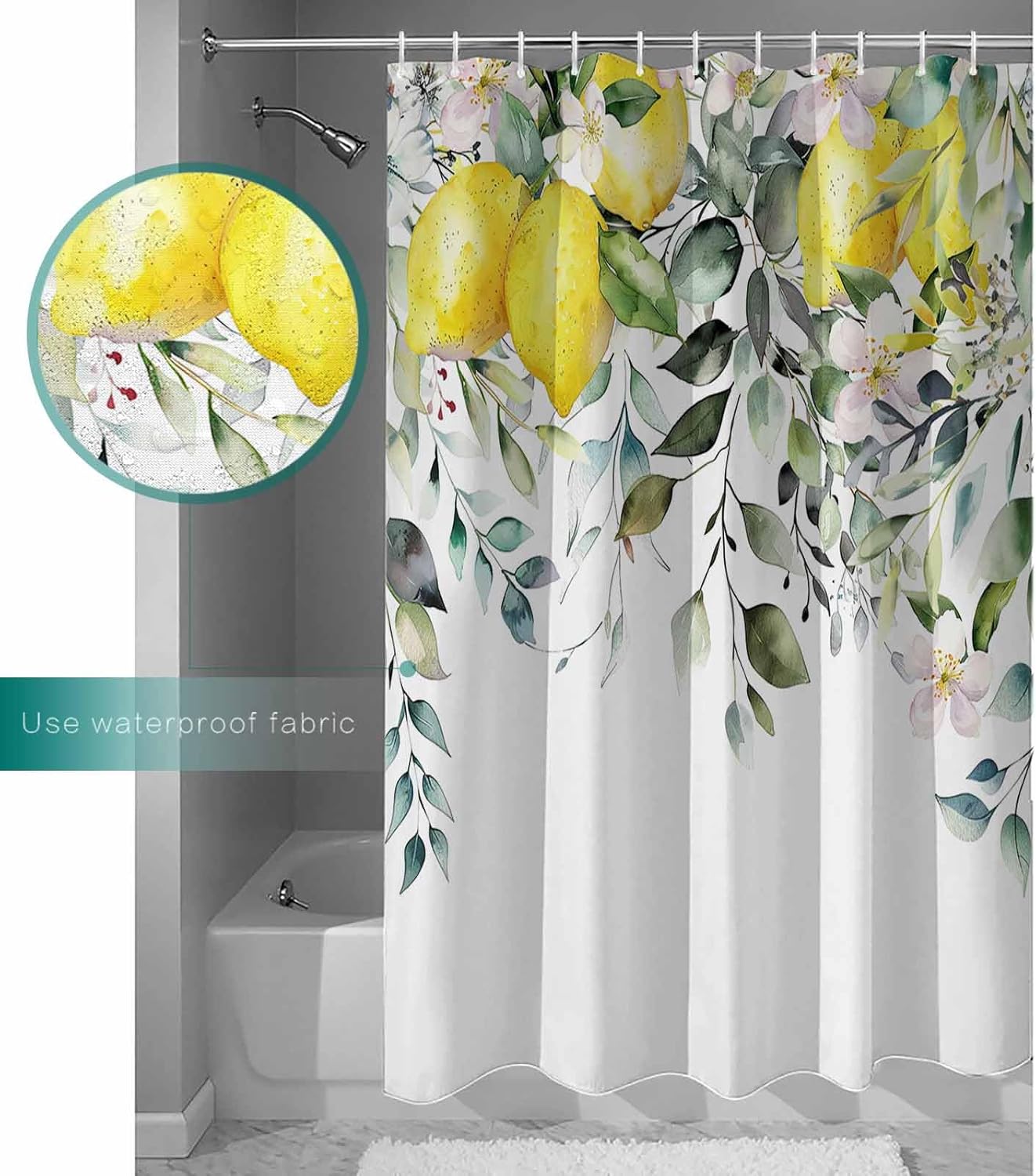 Summer Eucalyptus Leaves Lemon Shower Curtain, Watercolor Flower Plant Shower Curtain Set with Hooks, Waterproof Fabric Shower Curtains for Bathroom Decor, 72x84 Inch Bath Curtain