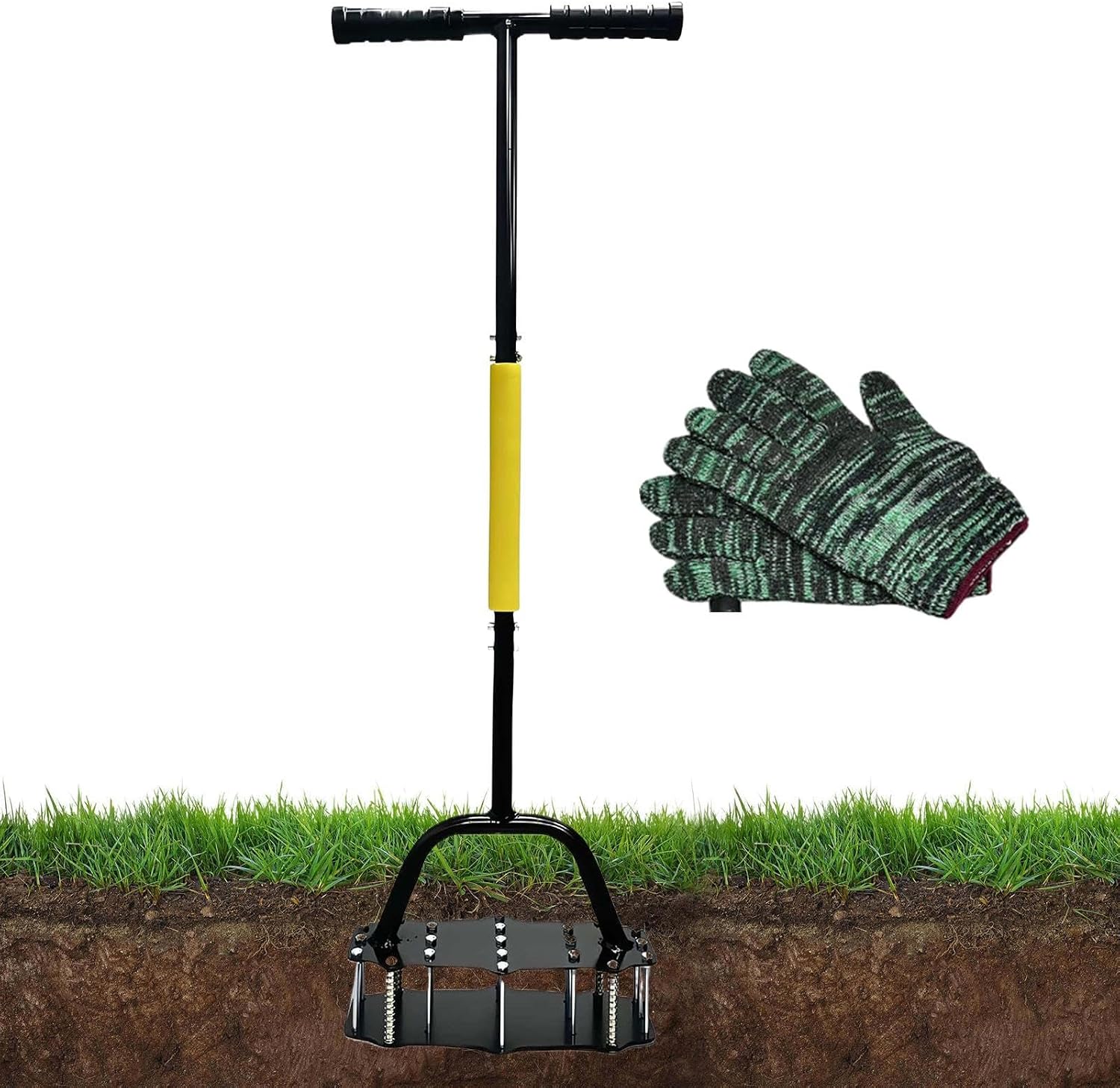 Manual Lawn Aerator – Spring Tiller Tool, 17 Steel Nail Spikes, Garden Turf Aeration Device | Easy Push Mechanism Design for Patio Yard Lawn Care and Soil Maintenance Use