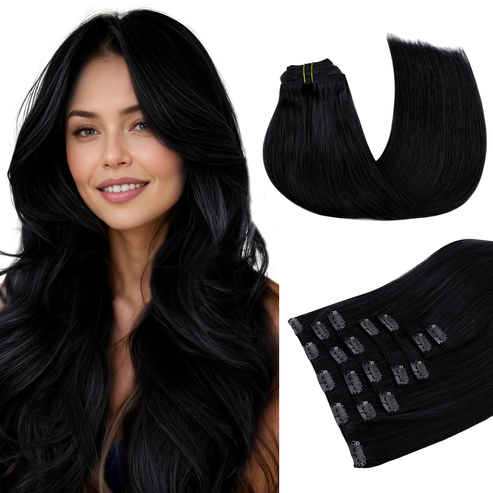 MAXITA Clip in Hair Extensions Real Human Hair, Remy Human Hair Clip in Extensions for Women, Natural Human Hair, 12inch 75g 7Pcs, Jet Black