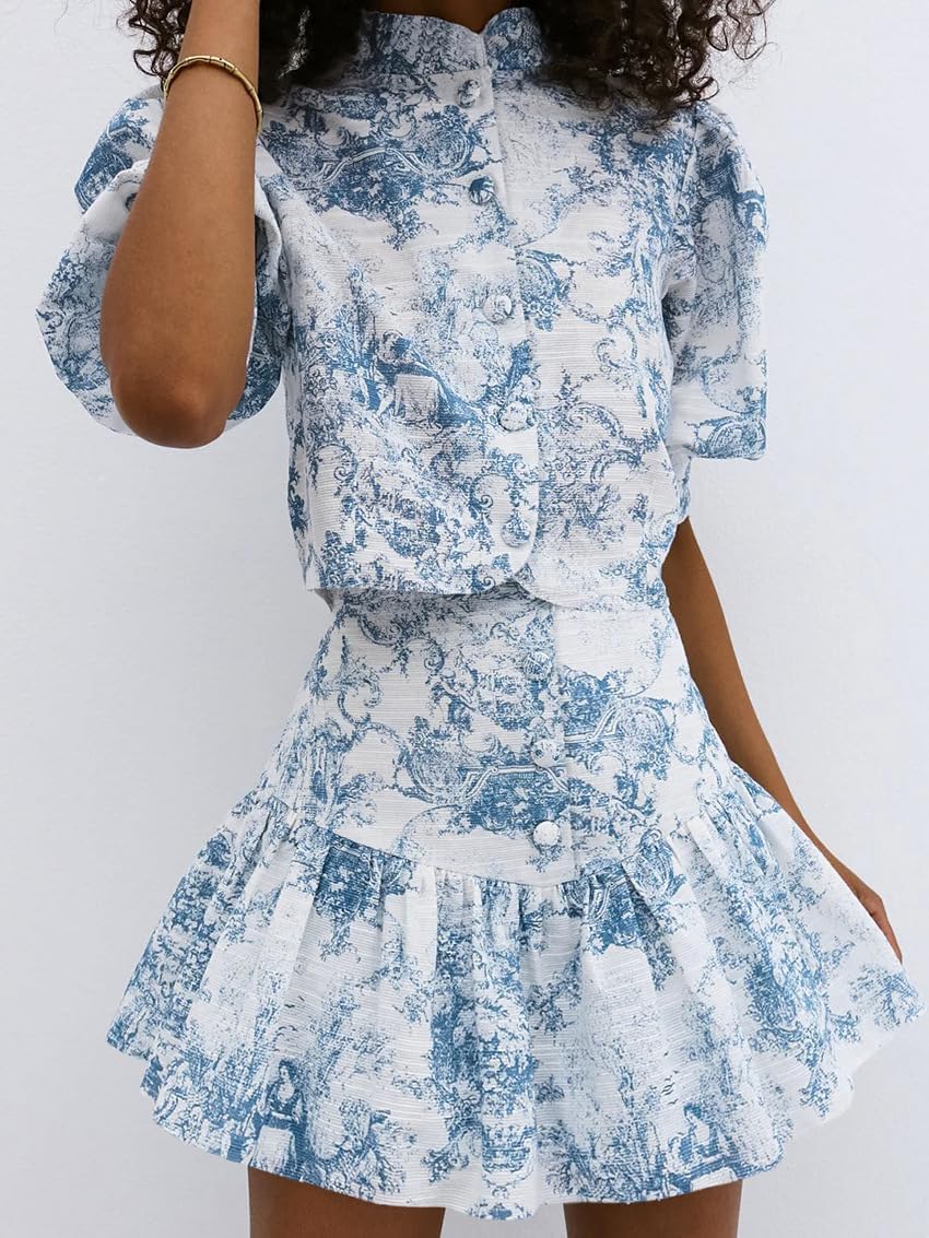THLAI Women 2 Piece Outfits Skirt Sets Floral Print Button Down Bishop Sleeve Shirt Top and Aline Pleated Mini Skirt Set