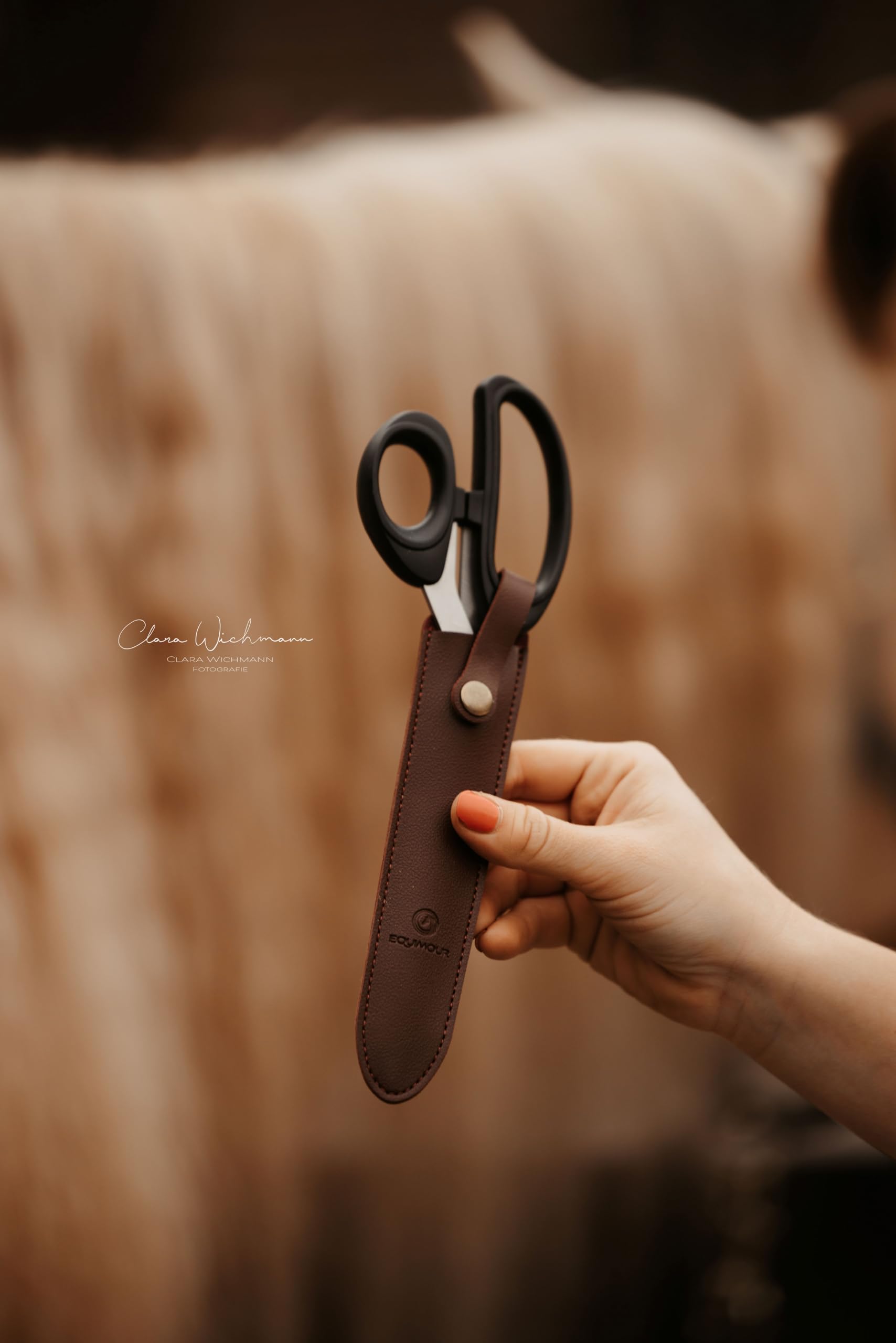 Tijeras para cola – de acero inoxidable afilado | Corte preciso para pelo grueso | Mango ergonómico & funda de cuero vegano | Accesorio profesional para el cuidado equino