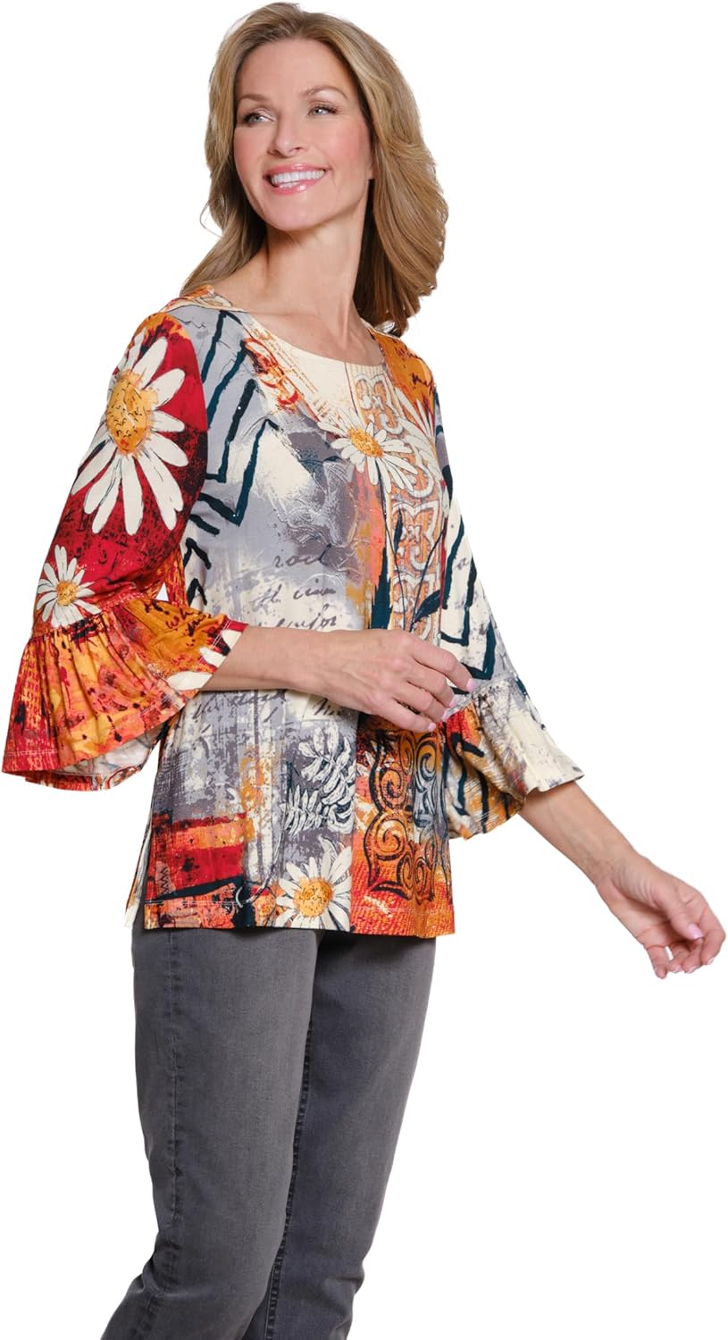 MULTIPLES Women's Petite Three Quarters Flounce Sleeve Bateau Neck Embellished Top, Multi - Image 3