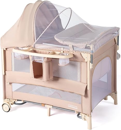 Miniatura 8 de JOYMOR Moisés junto a la cama 9 en 1 con mesa cambiador, corralito con moisés, se convierte en cama mecedora para bebé con centro de música