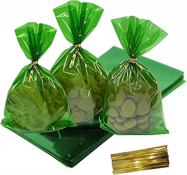 Green Cellophane Treat Bags - 100Pcs Cello Bags Resealable 6x9 Inch Candy Favor Bags for Parties, Holidays, Snacks Goodie Gifts Party