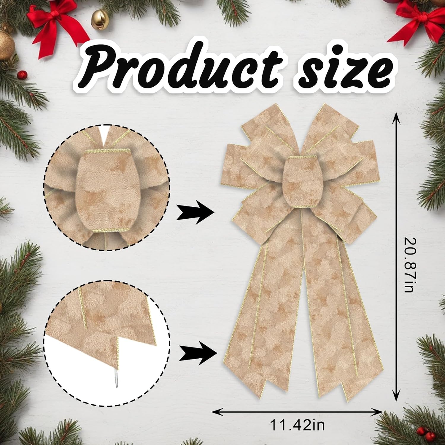 Luxury Beige Velvet with Gold Trim Christmas Wreath Bow - Extra Large Christmas Decor for Front Doors, Holiday Trees & Festive Indoor Outdoor Decorations, 11.42x20.87 Inch - Image 2