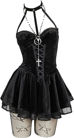 MEOWCOS Halloween Kleid Gothic Mit Skelett-Ausschnitt – Perfekt Für Partys
