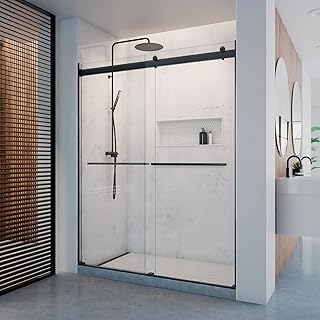 DreamLine Dexterity Frameless Sliding Bypass Shower Door, 56-60 in. Adjustable Width x 76 in. Height, 5/16 in. Clear Tempered Glass, Matte Black, Walk-in Shower Glass Door, Smooth Roller System