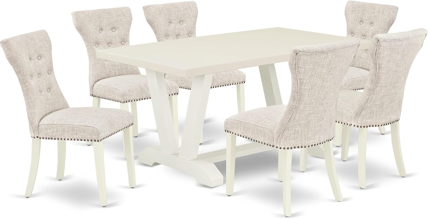 East West Furniture V026GA235-7 7 Piece Dinette Set Consist of a Rectangle Dining Room Table with V-Legs and 6 Doeskin Linen Fabric Parsons Dining Chairs, 36x60 Inch, Multi-Color