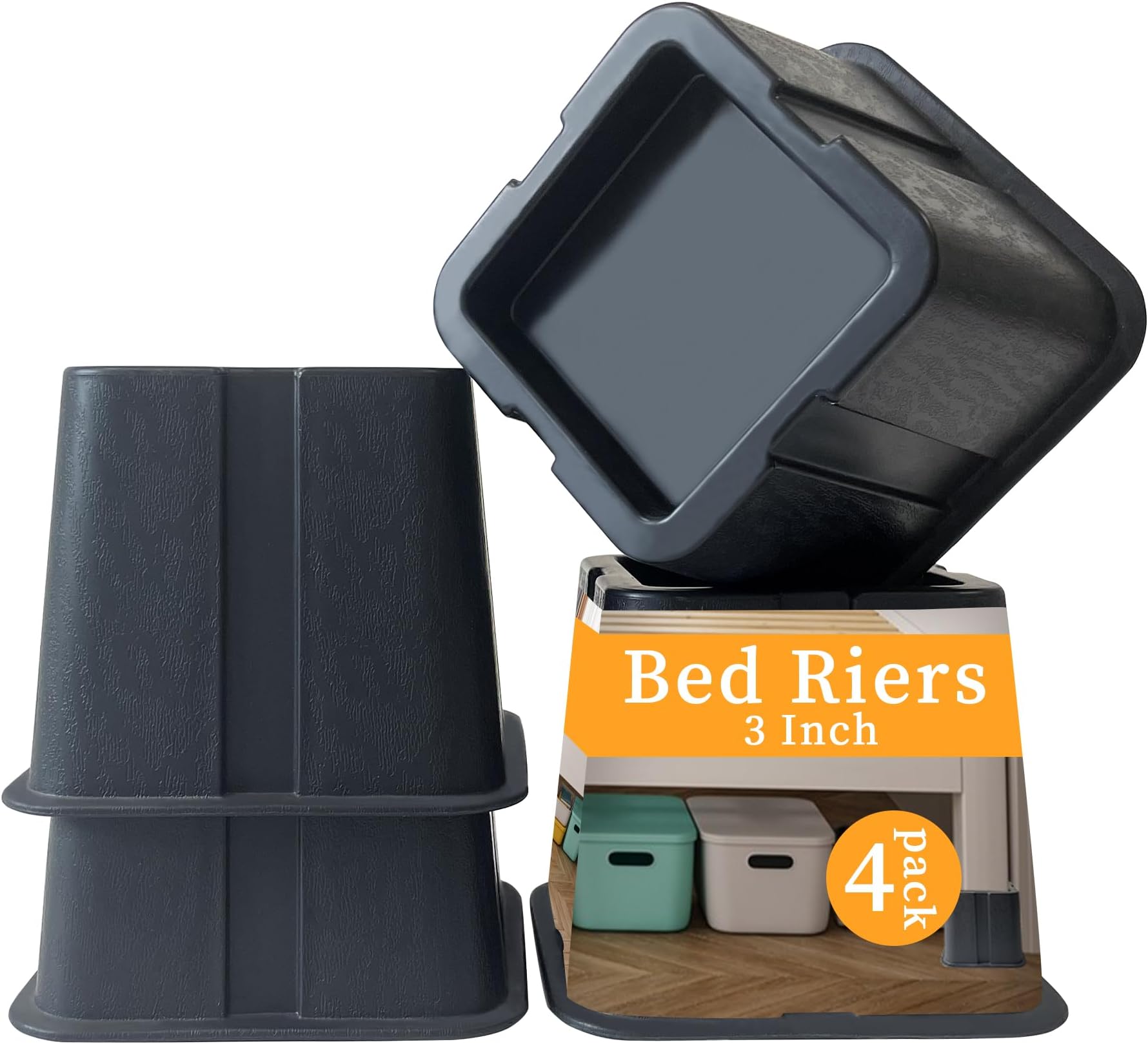3 Inch Bed Risers, 4-Pack | Square Furniture Risers for Extra Storage - Ideal for Bed, Table, Chair, Sofa - Perfect for Dorms & Elderly