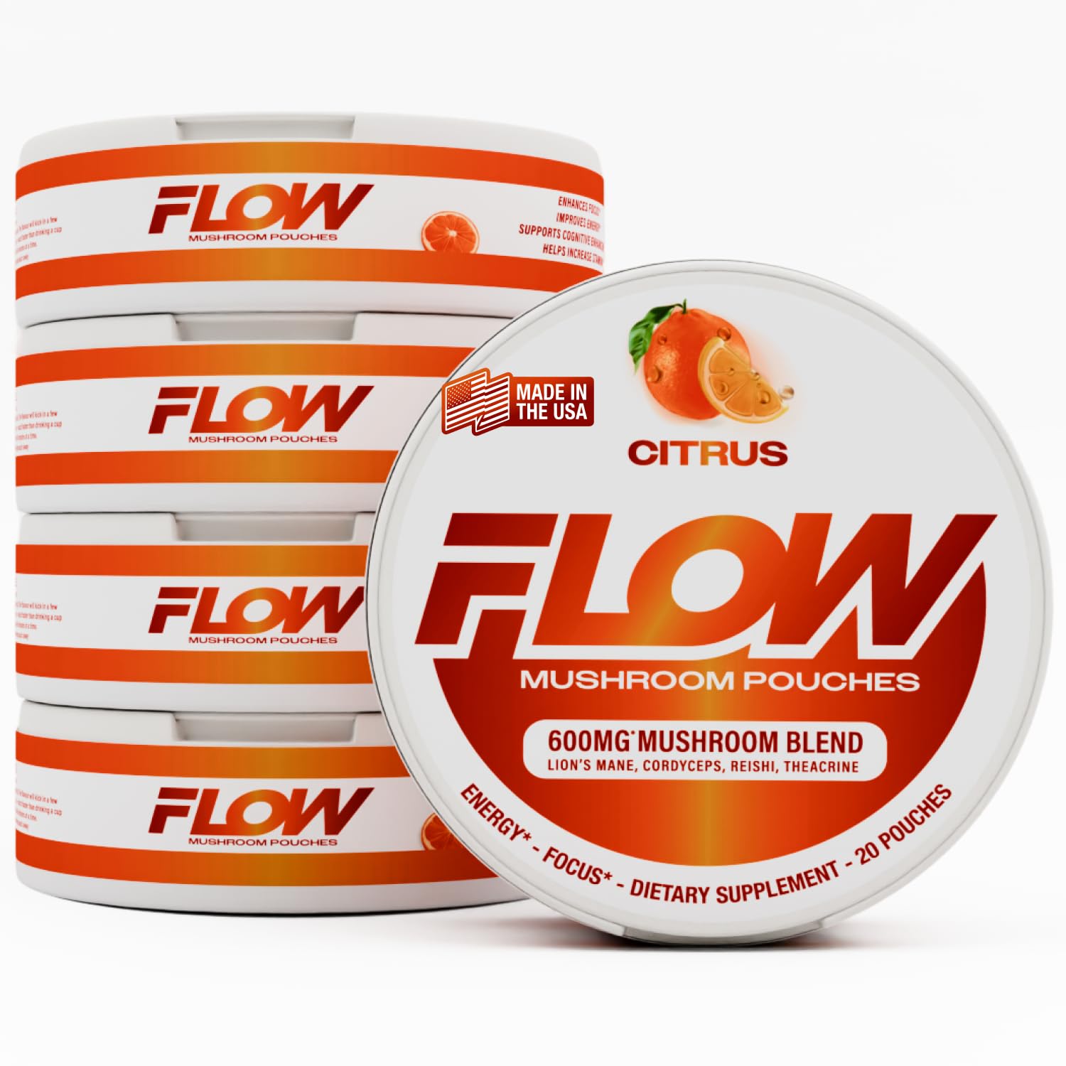 Flow Pouches Suplemento de Cogumelos em Sachês, Lion's Mane, Reishi e Cordyceps 600 mg, 100 sachês, Citrus