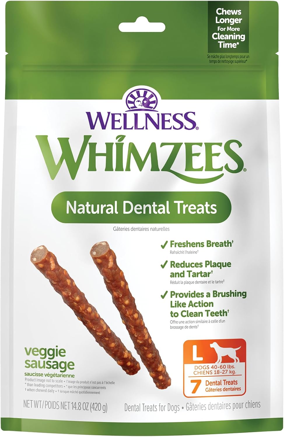 Whimzees Wellness Veggie Sausage Natural Dog Dental Treat, Chews, Freshens Breath, Large Size, 14.81 oz Bag, 7 Count
