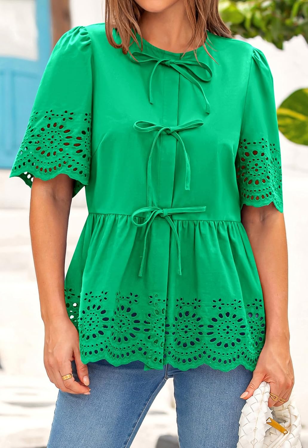 PRETTYGARDEN Tie Front Peplum Tops for Women Summer Y2K Short Sleeve Babydoll Cute Going Out Top Eyelet Blouse Shirt - Image 7