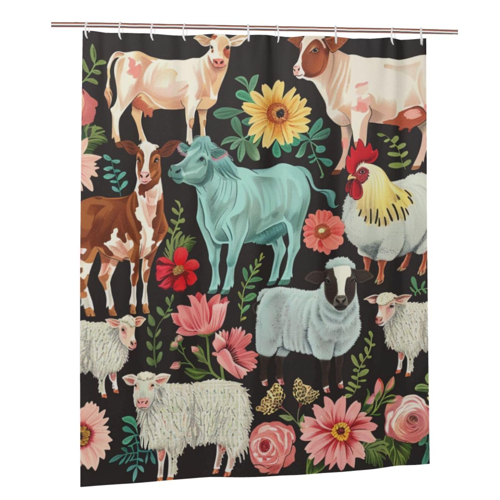 BWWHCCTI Farm Animal Printed Shower Curtain With 12 Plastic Hooks Opaque Quick Drying Waterproof Shower Curtains Sets For Bathroom 152x183 Cm