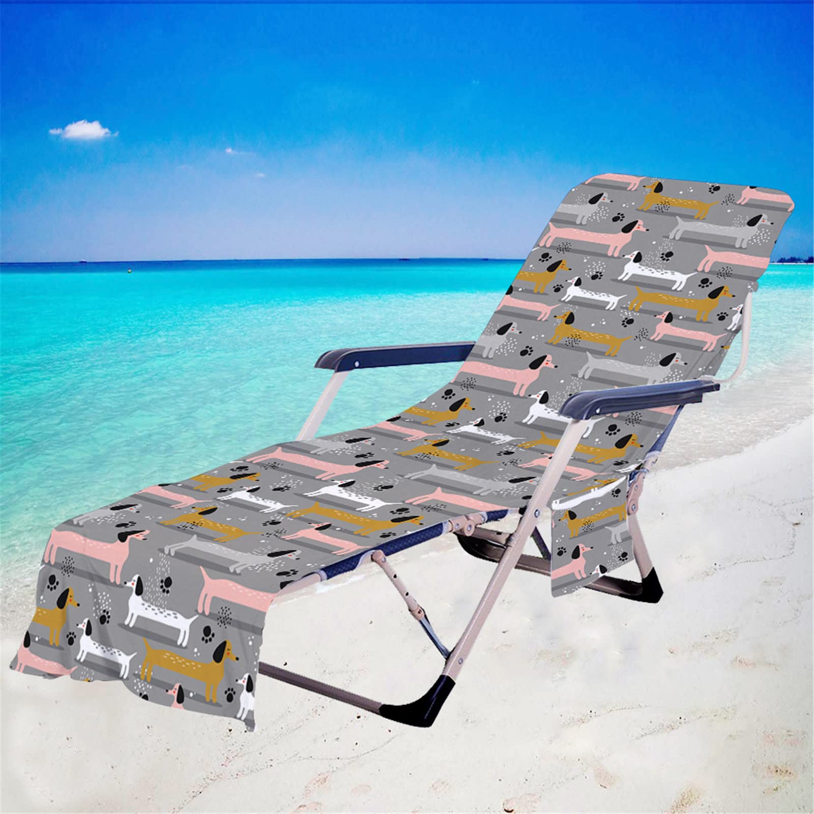 RRrawgff Beach Towel with Pockets for Loungers, Dachshund Pattern Beach Chair Cover Towel Fitted Microfiber Sunbed Towel Sun Lounger Towels for Summer Outdoor Garden Pool Vacation (Dachshund)