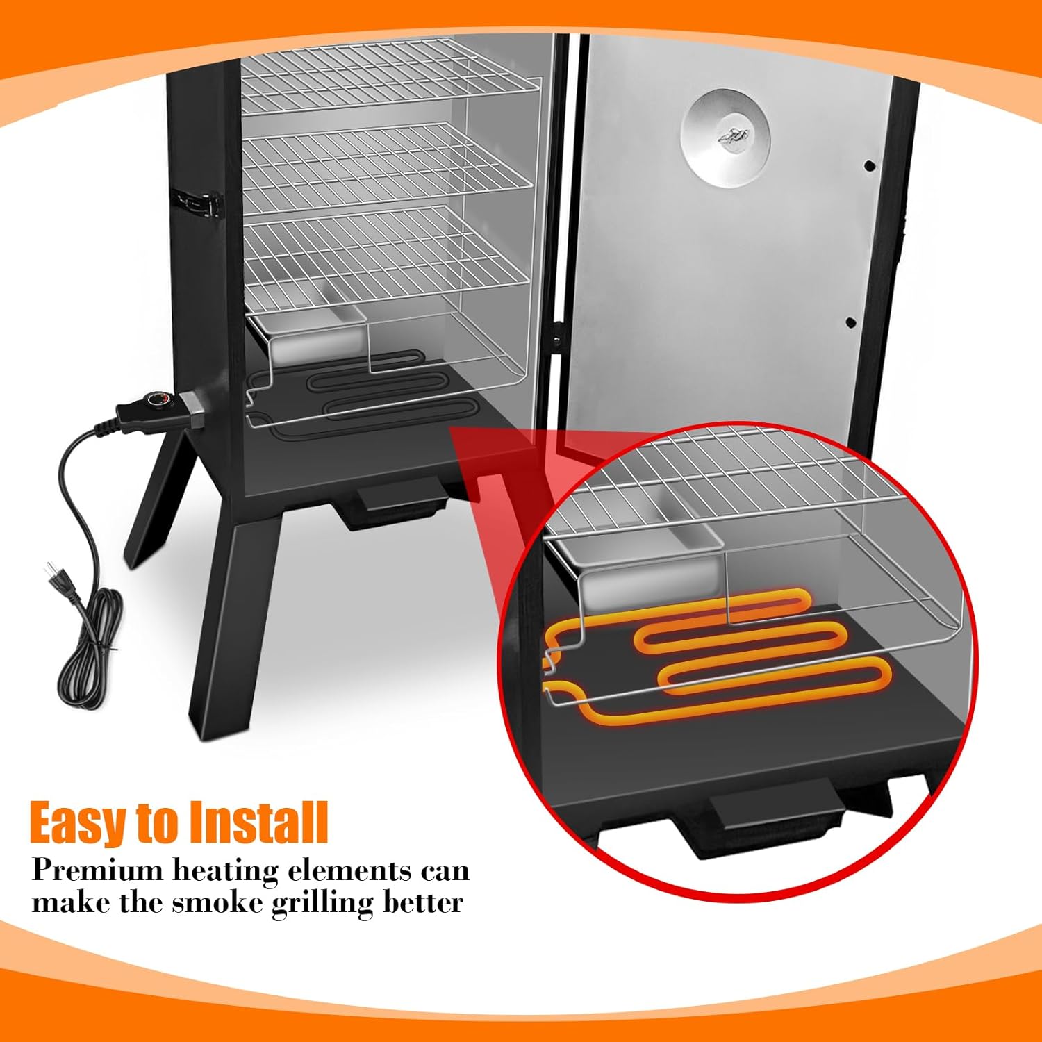 Diagram showing easy installation of the heating element into an electric smoker