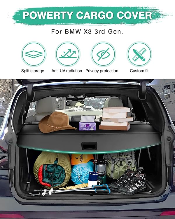 Powerty Retractable Cargo Cover for 2018-2024 BMW X3, Canvas Texture Trunk Cover Privacy Screen Rear Security Shade for BMW X3 Accessories by Powerty - Image 2