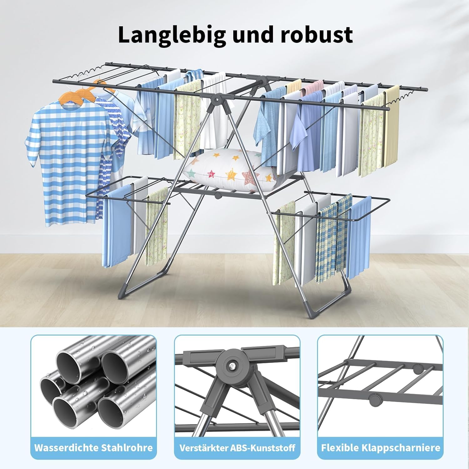 Innotic Wäscheständer Platzsparend Klappbar, Standtrockner mit 4 Flügeln & Ausziehbar, Wäscheständer Stabil für, Bad, Balkon,Heizkörper (Grau)