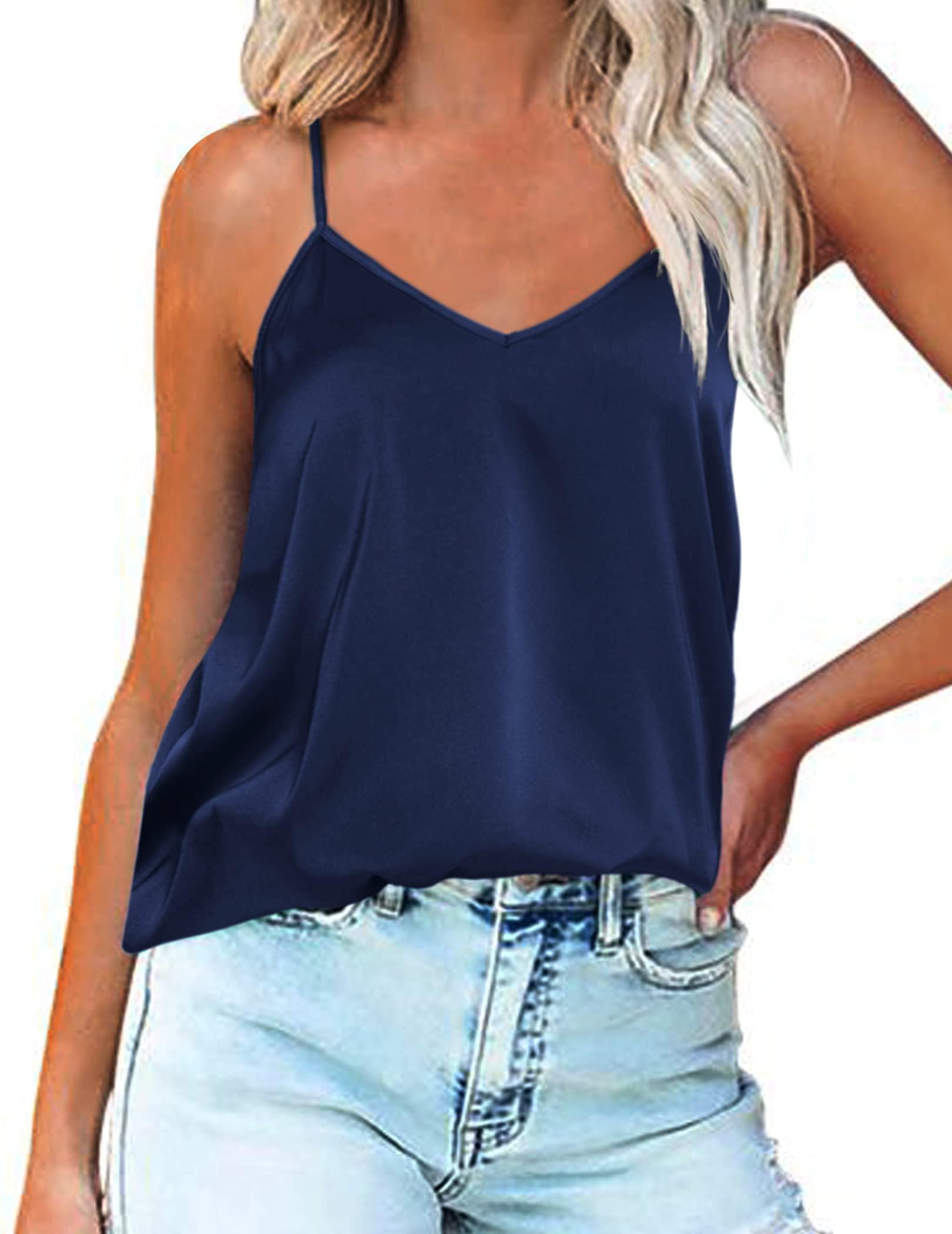 Ekouaer Damen Satin Unterhemden Tank Top Seide Cami Camisole Spaghettiträger V-Ausschnitt Basic Tanks Verstellbarer Strap S-XXL