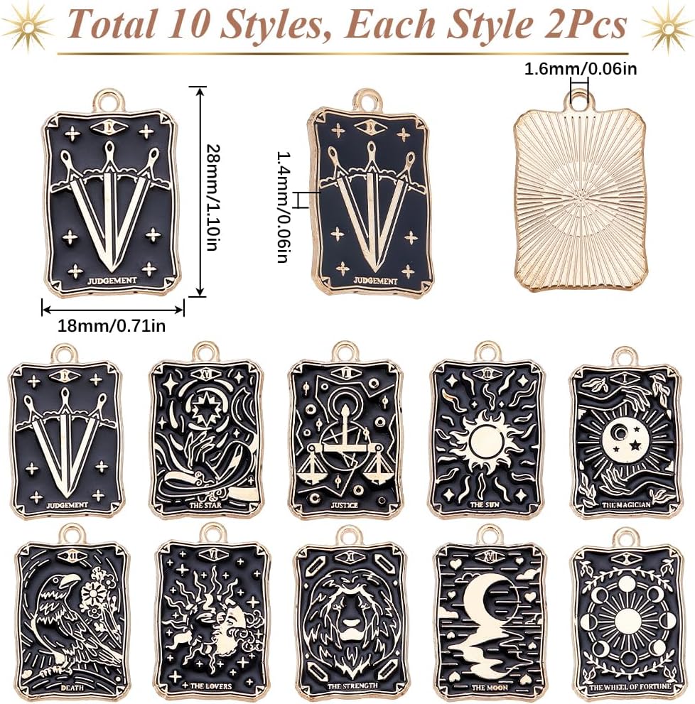 SUNNYCLUE 20PCS 10 Styles Tarot Charms Bulk Divination Halloween Gothic Magic Tarot Card Enamel Black Gold Amulet Lucky Charm for Jewelry Making DIY Earrings Bracelet Necklace Craft - Image 2