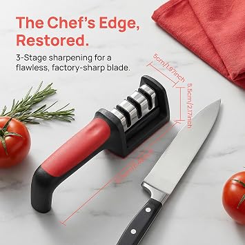 Sharp Knife Sharpener - 3 Stage Professional Kitchen Knife Sharpening Tool for Dull Knives, Scissors, Chef Knives, Non-Slip Base, Ergonomic Handle, Red