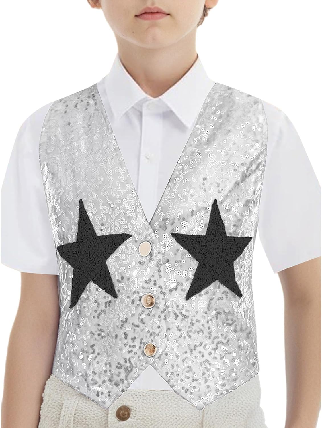 Boys Sparkly Vest Sequins Star V Neck Button Down Hiphop Performance Top