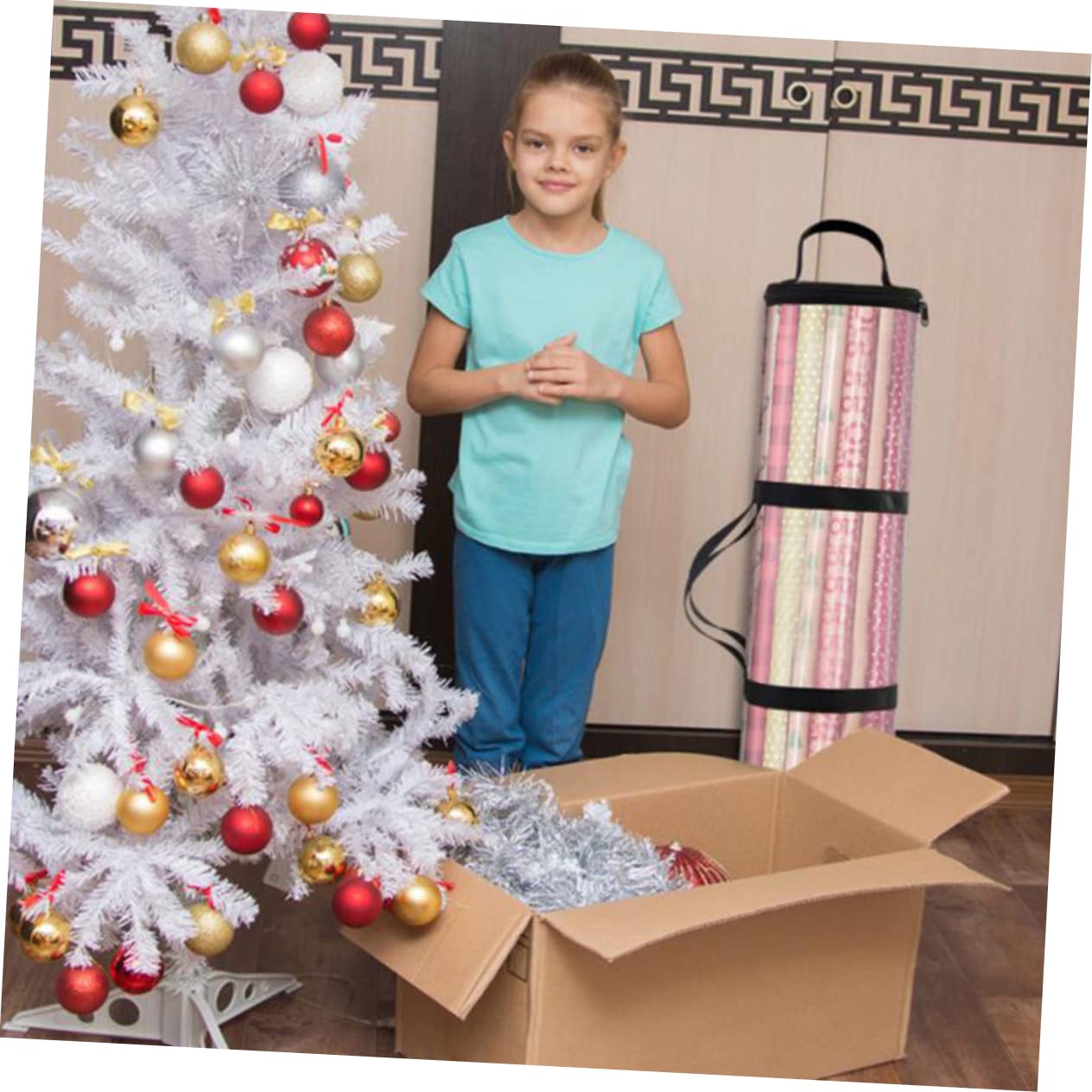 KOMBIUDA Cylindrical Christmas Wrapping Paper Storage Bag Organizer Handle for Holiday Wrap Easy Access and Convenient Hanging for Seasonal Storage