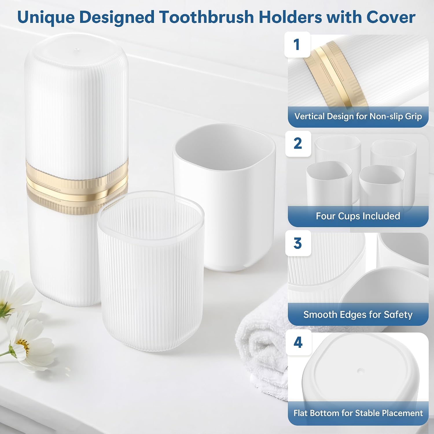 Quatish 4-in-1 Toothbrush Travel Case, Portable Toothbrush Holder with 4 Rinse Cups, Large-Capacity Storage for Toothbrush & Toothpaste, Ideal for Travel, Home, Camping, Gym, Business Trip (White)
