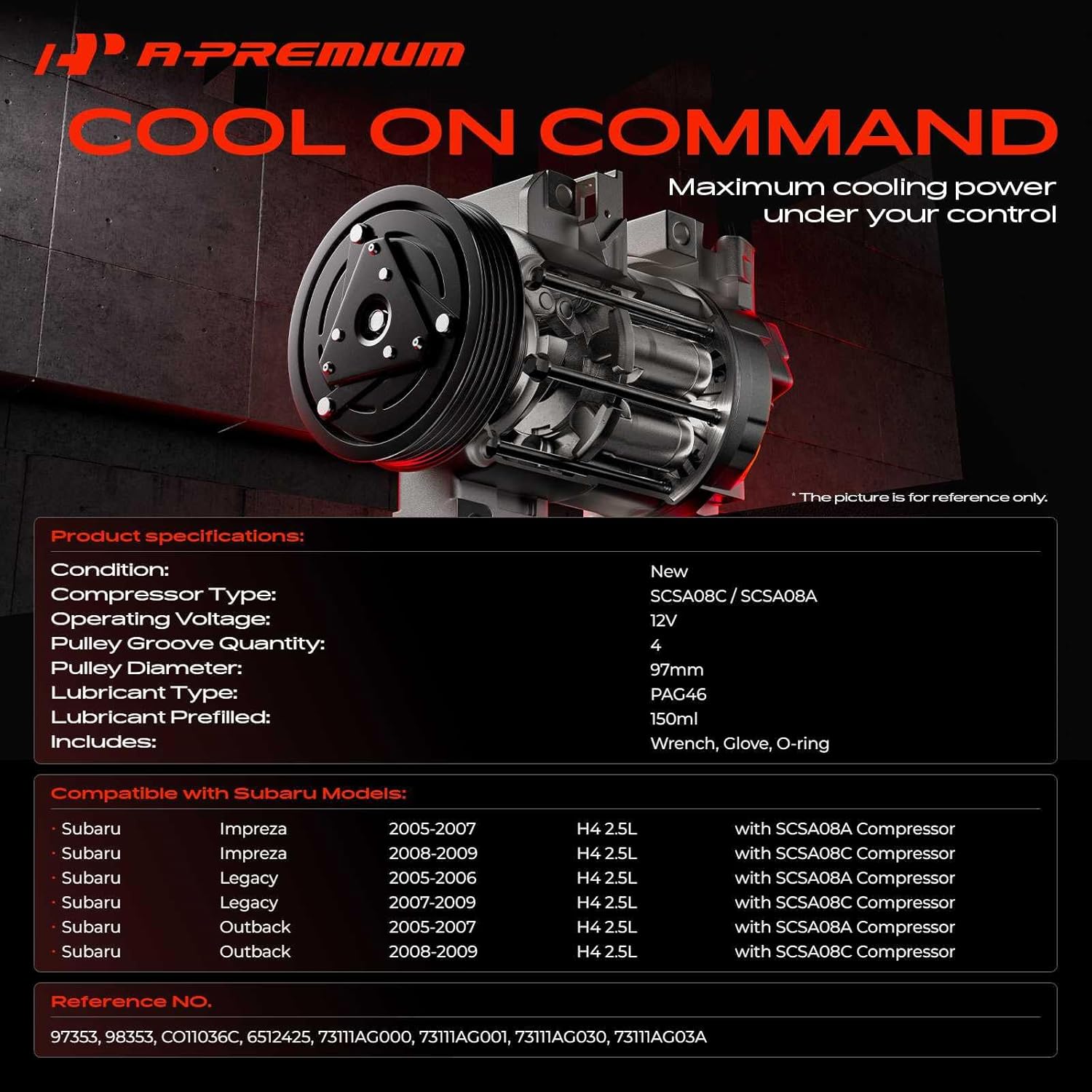 A-Premium Air Conditioner AC Compressor with Clutch Compatible with Subaru Outback 2.5L 2005-2009, Legacy 2.5L 2005-2009, Impreza 2.5L 2005-2009