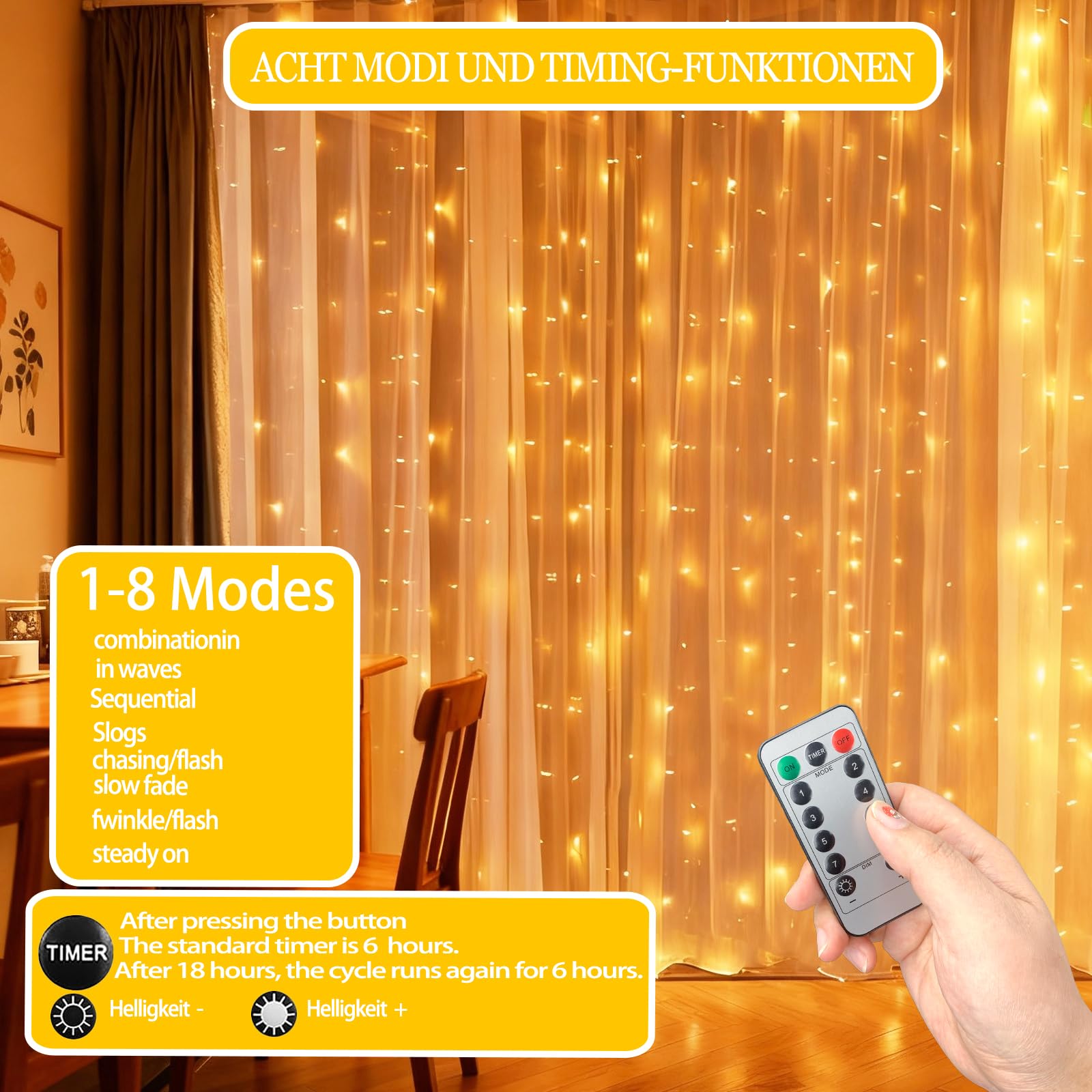 CNMTCCO Cortina de Luces, 300 LED 3x3m 8 Modos Cadena de Luces con Remoto,Alimentadas por USB, Resistente al Agua, Guirnaldas Luminosas para Navidad, Ventanas, Fiestas, Bodas, Interior, Exterior