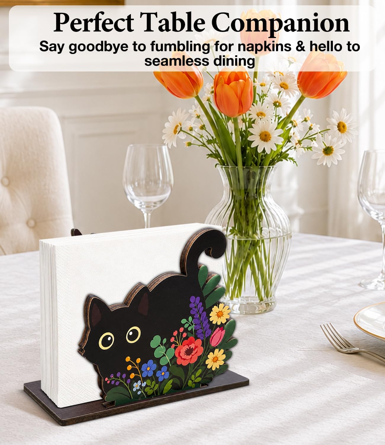 Cute Black Cat Wooden Napkin Holder for Table, Farmhouse Cat Flower Napkin Dispenser, Funny Tissue Holder for Kitchen Dining Room Napkins Dispenser Tabletop Decor