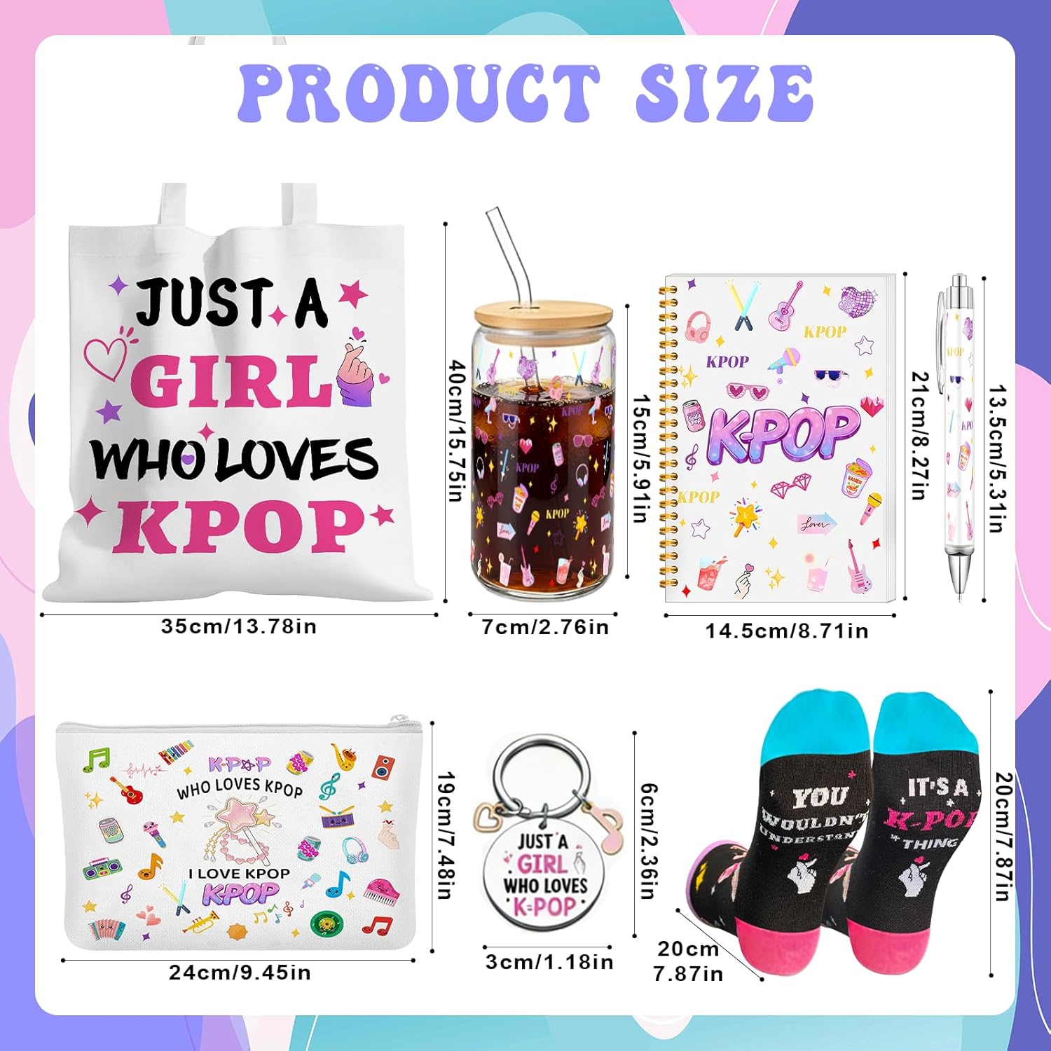 9 Pcs K-Pop Gifts Tote Bag Set K-pop Decor Just a girl who loves K-pop Room Decor Includes Tote Bag, Makeup Pouch, Glass Tumbler, Socks, Keychain for Kpop Music Fans | K-Pop Theme