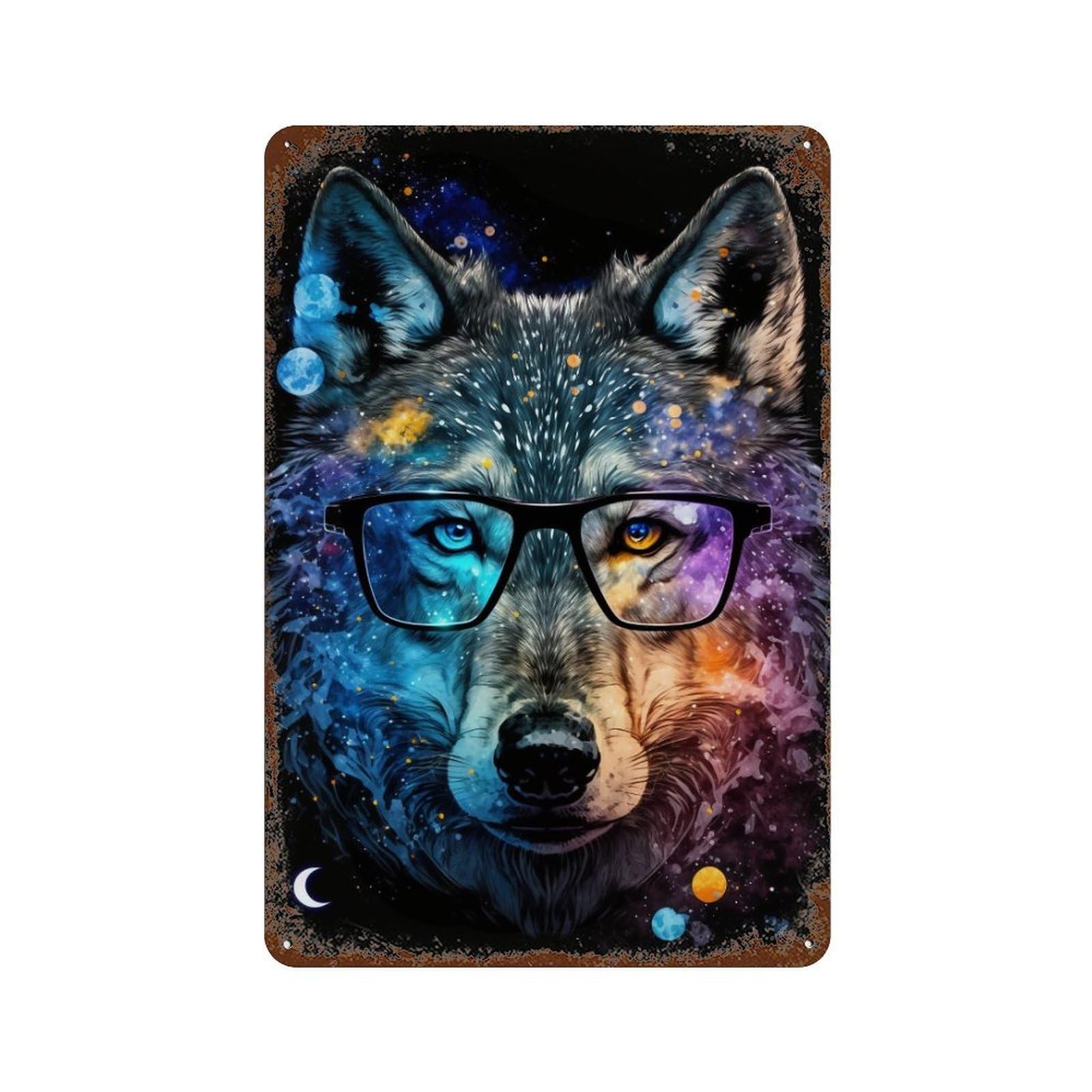 Retro Metal Sign with Cosmic Wolf Glasses Art Print Design 11.8"x7.9", for Shed, Workshop And Garage Wall Decor, Old School Wall Decor