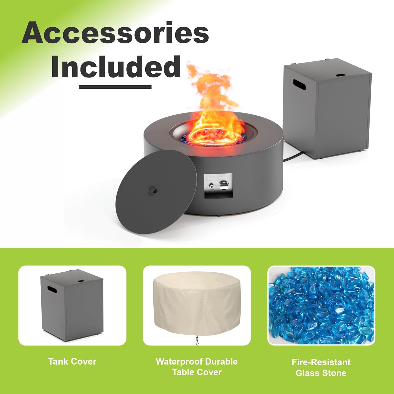 2-Piece 30" Round Propane Fire Pit for Outside Patio with Hidden Tank Table, 50,000 BTU Fireplaces with Lid, Glass Rocks, Cover(Dark Grey)