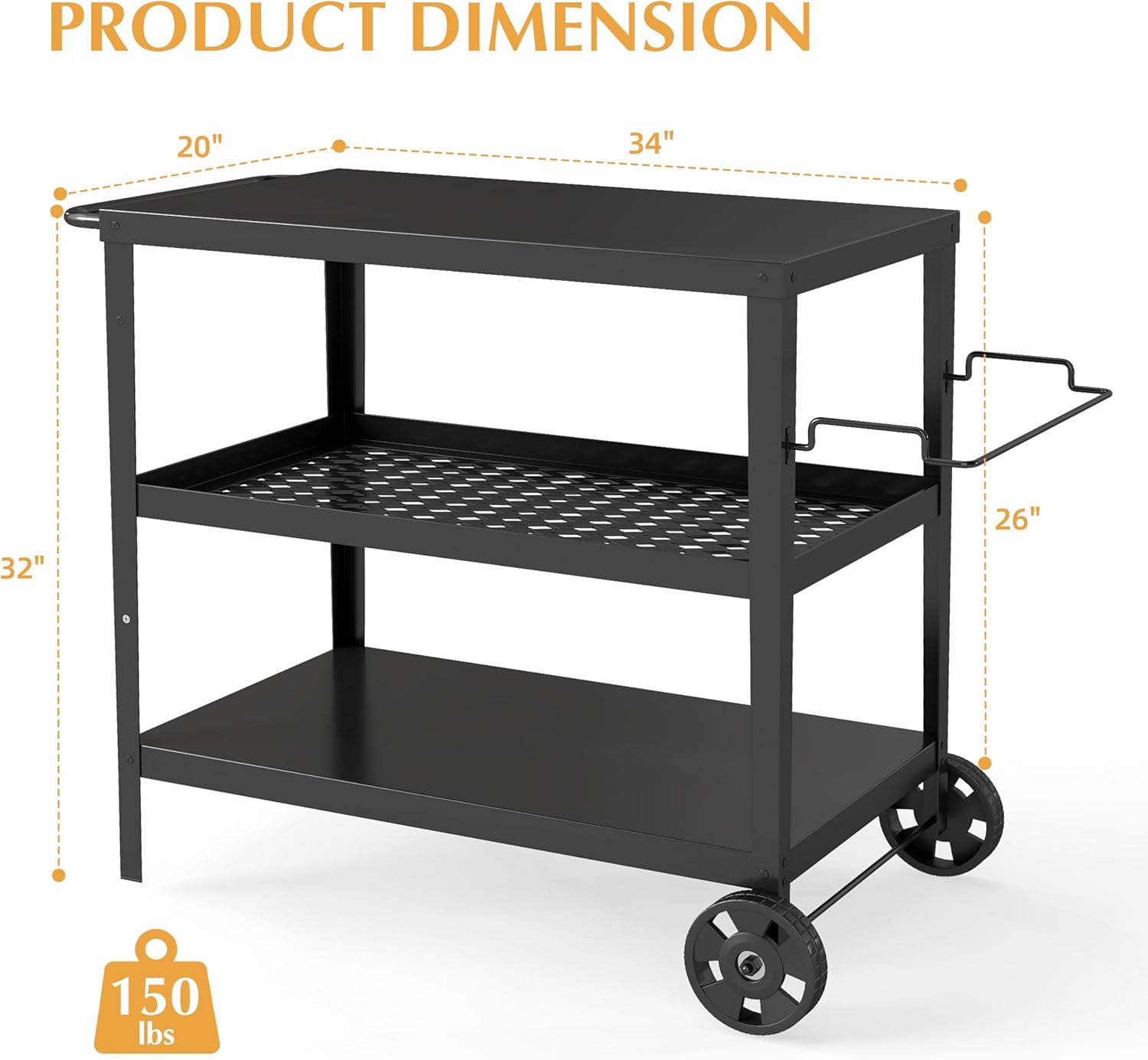 3-Tier Outdoor Grill Table, BBQ Prep Cart with Metal Top Storage Shelves, Rolling Grill Cart with Wheels, Tool Hooks & Gas Tank Holder, Iron Grill Side Table for Patio Backyard Outdoor Kitchen