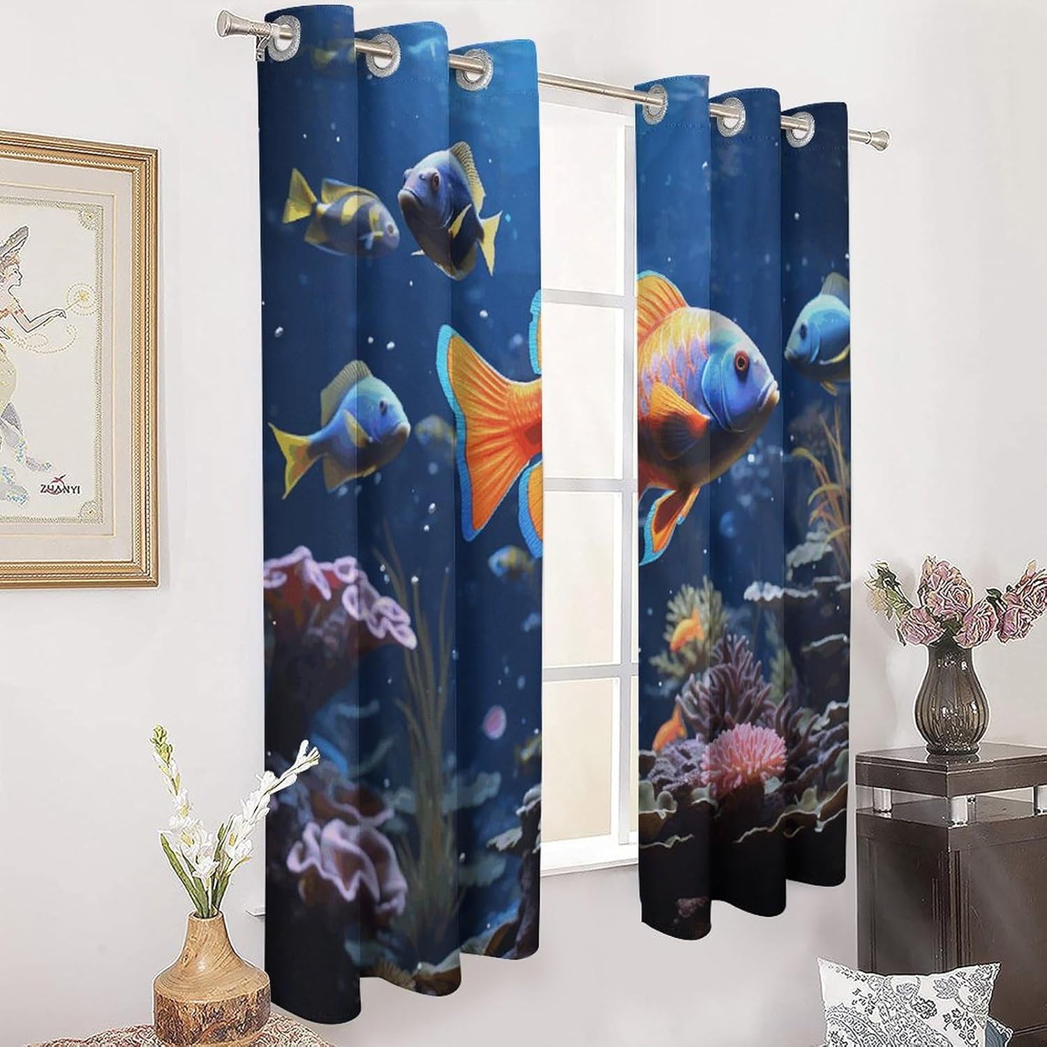 Fishs Printed Perforated Curtains, Insulated Curtains for Winter, Thermal Drapes are Suitable for Most Windows, Balconies