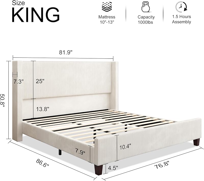 HOWE King Size Upholstered Bed Frame with 50.8'' Wingback Headboard, Cream image 2