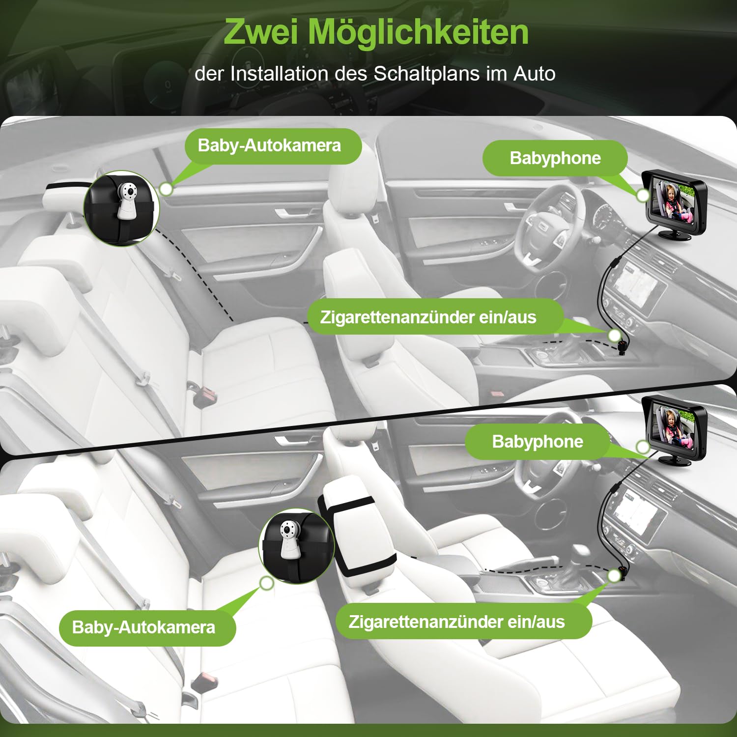 Baby Kamera Auto mit 4.3" Display, Spiegel auto baby rückbank 1080P,Babyautospiege mit HD Nachtsicht und 120°-Betrachtungswinkel,Auto-Babyphone einfache Installation Cigarette Lighter,Schwarz